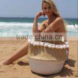 Tiny Black and White Pompom Chain Beach Bag, Pompom Belly Seagrass Basket thumbnail-2