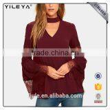 Long Sleeve Burgundy Red Lace Lady Blouse & Top