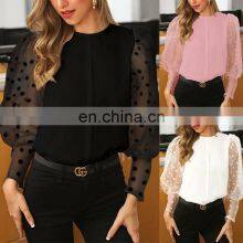 Wholesale Top Fashion Clothes Elegant Lace Wave Point Fashion Lantern Sleeve Round Neck Blouses thumbnail-2