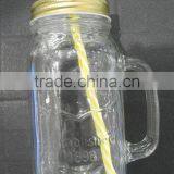 660ml Drinkware Clear Glass Handle Jar With Straw Checkered Lid thumbnail-1