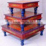 Indian Handcrafted Painted Wooden Chowki Set Of 3 thumbnail-3