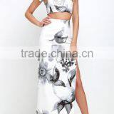High Split Skirt With Short Sleeve Crop Top for Ladies 2017 New Fashion Water Printed Floral Two Pieces Sets thumbnail-2