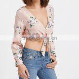 Maxnegio Flower Print V Neck Woman Blouse Ladies Crop Top thumbnail-3