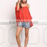 MGOO 2017 New Style Beach Casual Linen Red Blouses Viscose Tie Up Tunic Loose Style Fashion Off Shoulders thumbnail-3