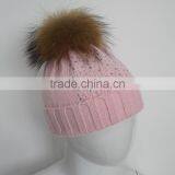 Myfur Baby Pink High Quality Wool Acrylic Knitting Hat and Cap With Raccoon Fur Ball Wholesale thumbnail-3