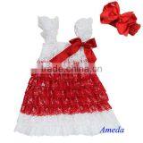 Christmas White Red Cap Sleeves Lace Ruffles Pettidress Bow Headband 6M-5Y thumbnail-1
