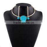 Fashionable Turquoise Jewelry Gold Choker Earrings Necklace Set thumbnail-2