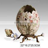 Elegant Porcelain Jar Vase With Brass Base, Blue & White Design Ceramic Egg Shaped Vase, Home Decor Imitate Bird Flowr Pot thumbnail-2