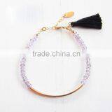 Wholesale Rose Quartz Bead Bracelet With Green Tassel Charm Brass Tube for Girl thumbnail-3