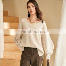 Женский вязаный свитер с рибкой, V-образным вырезом, плюс-размером, фонариковыми рукавами, шерстяным волокном и разрезом по низу thumbnail-4