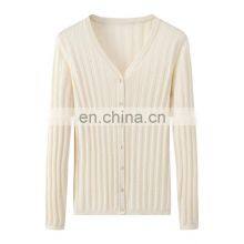 Custom Autumn Solid Color Rib Knitting Cashmere Cardigan Sweater V-Neck Casual Style With Button Decoration Knitwear Factory thumbnail-1