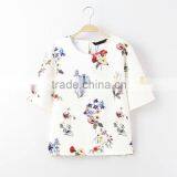 Women Clothing With Flower Round Collar Short Sleeve Shirt for Women of Digital Printing Fabric thumbnail-1