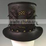 Black Leather Victorian Corset Style / Steampunk / Gothic / Emo Style Top Hat w. Solid Metal Bat Badge thumbnail-2