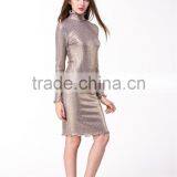 2017 New Arrival Metallic Gold Knitted Sweater Long Sleeve Hight Neck Tight Fit Pullover & Skirt Co-ord Set thumbnail-4