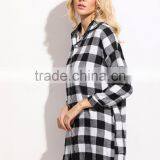 Check Plaid Drop Shoulder Shirt Black and White Cotton Blend Long Sleeve Casual Button Women Shirt thumbnail-3