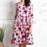 Newest Women Dresses With Gray And Pink Floral Three-Quarter Fit And Flare Pocket Dress Women Wear GD90426-53