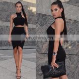 Amigo 2017 two pieces black bandage dress suit sexy evening dresses with halter crop top and midi irregular skirt for women