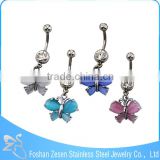 Newest promotional surgical steel hanging jeweled butterflies belly button ring