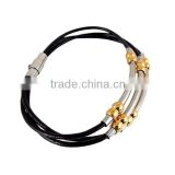 SRB3142 Hot Selling Item Black Leather Bangle with Beads and PVD Pipe Custom Stainless Steel Leather Bracelet