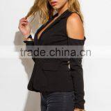 Custom Black Long Sleeve Cold Shoulder Cut Out Sexy Blazer thumbnail-3