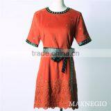 2015 High Quality Fashion Leather and Lace Splicing Vintage Style Dress With Belt thumbnail-4