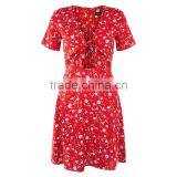 RED Self Bow V-neck Women Printed Short Sleeve Dress thumbnail-5