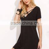 Black Deep V Neck Criss Cross Dress Polyester Spandex Summer Short Sleeve Casual Plain Short Dress thumbnail-4