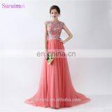 Cap Sleeve Beaded Prom Dresses With Short Sleeves Top Illusion See Through Red Coral Prom Dresses Formal Prom Gown Women