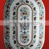 White Marble Inlay Oval Table Top Pietra Dura