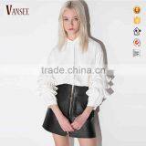 Women's White Stand Collar Roll-up Sleeve Long Blouse thumbnail-1