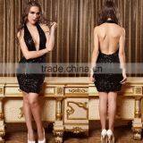 2015 Women Hot Sexy Black Plunging Backless Sequin Night Club Evening Dress thumbnail-1