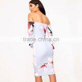 Ruffle Flare Sleeve Digital Floral Print off Shoulder Bodycon Bardot Dress thumbnail-3