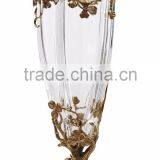 Unique Design Casting Bronze Flowers & Leaves Inlay Crystal Flowr Vase, Decorative Clear Crystal Vase With Brass Base thumbnail-2