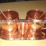 MANUFACTURER OF 100% COPPER MOSCOW MULE DRINKING MUGS SET WITH SOLID COPPER TRAY, COPPER MOSCOW MULE MUG SET thumbnail-1