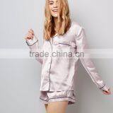 Pink Stripe Satin Shorts Pyjama Set With Pocket Front Design Women Pajama Adults Nightwear Made In China thumbnail-5