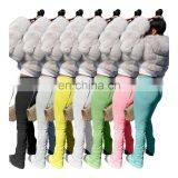 2020 Elastic Summer Stacked Leggings High Waist Sweatpants Women Joggers Bell Bottom Trouser Split Hem Flare Ruched Pant thumbnail-1