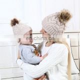 Child Winter hat Mother Baby Daughter Son Warm Knit Hat Crochet Family Matching Beanie Ski Cap with Faux Fur Pompom