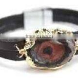 2015 Latest Fall Winter Beige Leather Strap Bracelet With Oval Gold Foiled Agate Stone Charm thumbnail-2