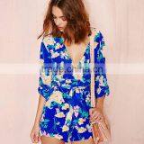 HAODUOYI Women Blue Floral Print Wrap Tie Waist Romper Jumpsuit With Low Price thumbnail-5