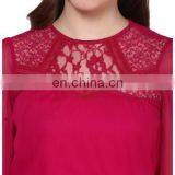 Popular Creation Latest Designer Chiffon Lace Neck Pattern Red Hot Comfortable Long Sleeve Western Beautiful Tunic Dress Top thumbnail-4