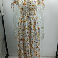 Womens Casual Summer Floral Print Shirred Waist Wrap Flowy Long Dress thumbnail-4