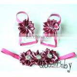 Baby Barefoot Sandals Satin Flower With Thin Elastic Matching Headband thumbnail-1