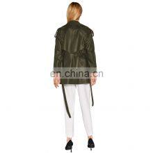 Army Green Lambskin Genuine Leather Motorcycle BlazarJacket With Belt for Women thumbnail-4