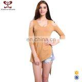 Women Off The Shoulder Long T-Shirt Wholesale Design Irregular Hem Blank T-Shirt thumbnail-1