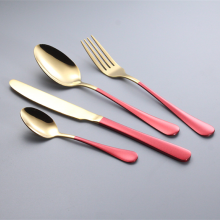 Elegant Stainless Steel Matte Gold Plated Dinner Fork Spoons Knife Flatware Set With Red Colored Handle thumbnail-1