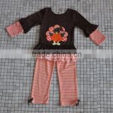 Hot sale children's clothing set turkey embroidery clothes girls thanksgiving boutique outfit