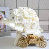 White Handmade Satin Rose Wedding Bouquet With Crystal thumbnail-3