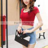 2016 Latest Fashion Sexy Women Short Sleeve High Waist Solid Color Belly Button Low Curves Slim Tight T- Shirt thumbnail-1