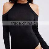 High Neck And Cold Shoulder Bodysuit Plain Black Spandex Tight Bodysuit Women Wholesale Price thumbnail-4