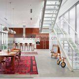 contemporary elegant glass Stairs with white double stringer and glass steps and glass railings